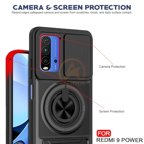 Image of Redmi 9 Power /Poco M3 Back Cover | Armor Camera Slider 360 Degree Rotating Finger Ring Holder Case with Bracket Stand Back Case Cover (Compatible with MagSafe Accessories) (Black)