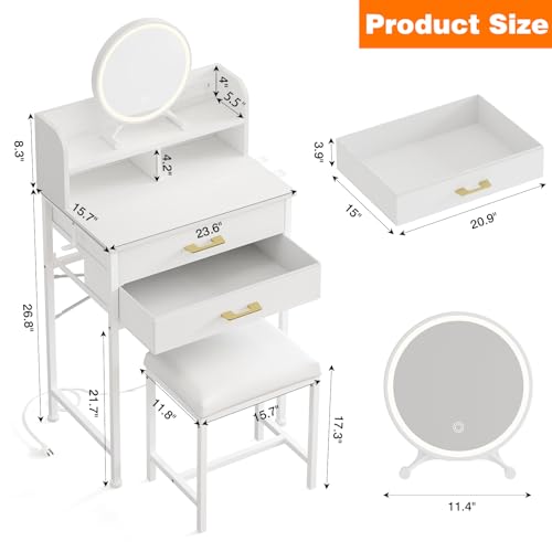 image for Fixwal White Small Vanity Desk Set with Lighted Mirror and Chair, Make