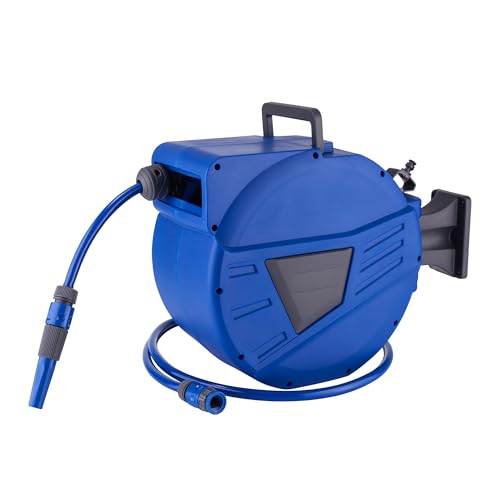 S&M 590139 – Enrollador de manguera para pared 20 metros de manguera + 2 metros | Color azul | Incluye soporte con giro 180° | Antialgas, con recogedor automático y rácores