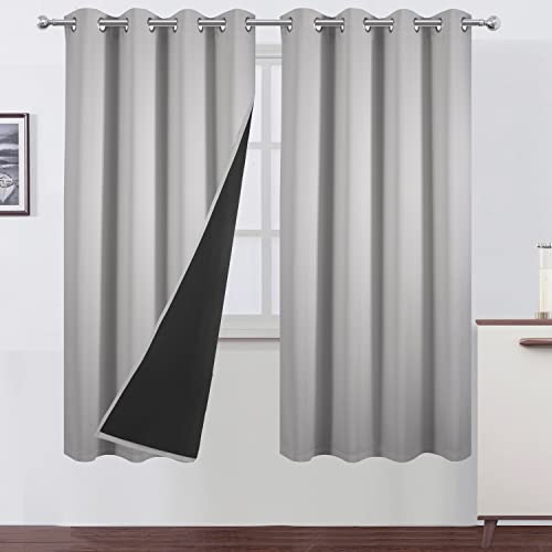 LEMOMO 100% Blackout Curtains 52 x 72 Inch/Light Grey Curtains 2 Panels with Black Lining Room Darkening Thermal Insulated Bedroom Curtains