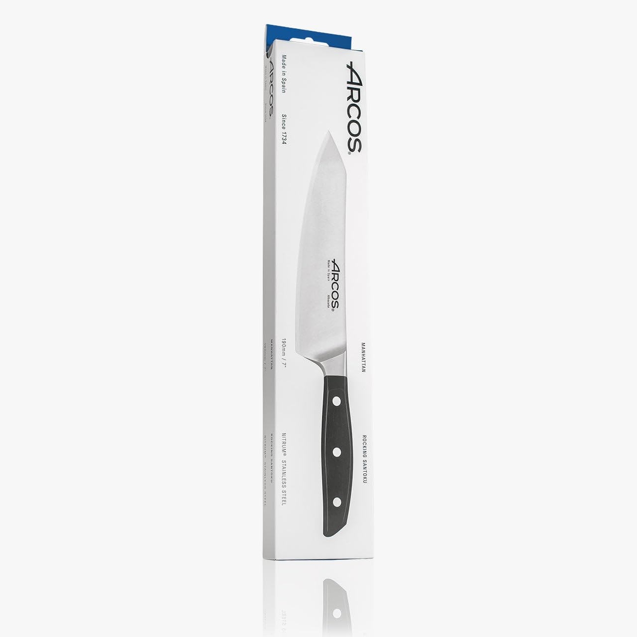 Arcos Santoku-Messer Geschmiedet aus Edelstahl - Scharfes Japanisches Küchenmesser für Fisch, Fleisch und Gemüse, Ergonomischer Griff aus Polyoxymethylen, Klinge 190 mm - Schwarz, Serie Manhattan
