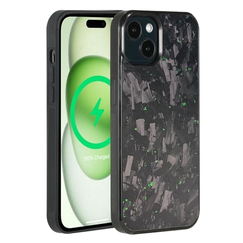 molzar Grip Series for iPhone 15 Plus Case with Real Forged Carbon Fiber, Grippy Edges Design, Built-in Magnets, Compatible with MagSafe Chargers and Accessories, Matte Black/Green