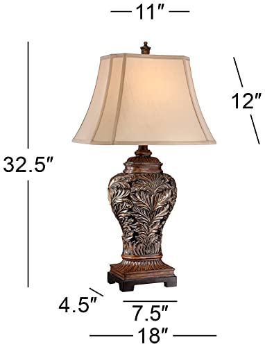 Barnes And Ivy Traditional Table Lamps 32.5" Tall Set Of 2 Bronze Brown Carved Leaf Openwork Vase Tan Rectangular Shade Decor For Living Room Bedroom House Bedside Nightstand Home Office #TOP3