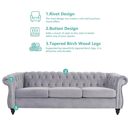 Image of QHITTY Accent Large Sofa, Chesterfield Couch 3 Seater Modern Velvet Couch Upholstered Sofa with Tufted Back for Living Room Furniture (Grey)