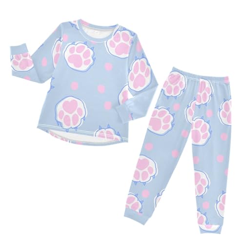 Pajama Set Long Sleeve for Boys & Girls,Cute Cat Paw Pink Kid's Soft Sleepwear Crewneck Loungewear 2 Piece PJ Underwear Set 5T