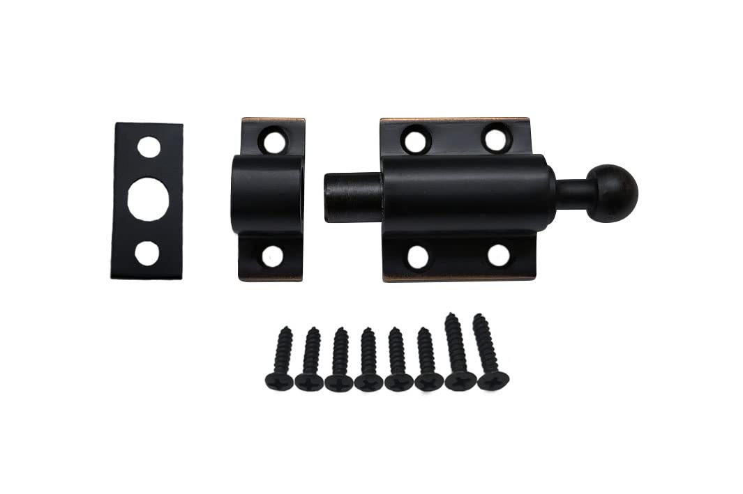 QCAA Solid Cast Brass Surface Bolt, Self-Locking Latch for Window & Door, Pull to Open, 2",Aged Classic Bronze, 1 Pack, Made in Taiwan