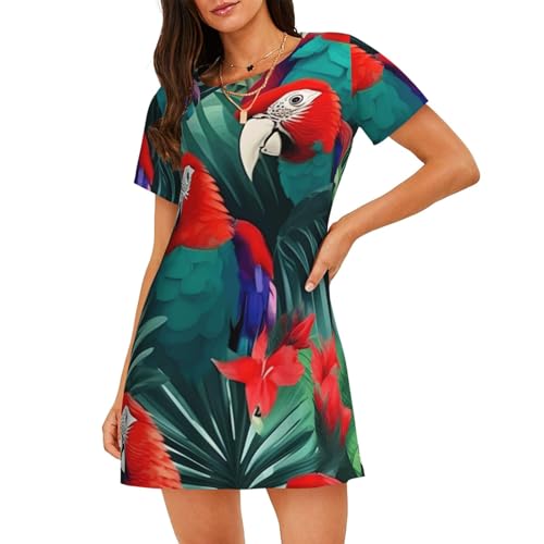 Chemise de nuit légère perroquet tropical pour femme en coton frais