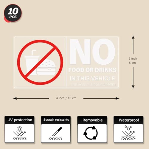 Image of 10 Pack No Food Or Drinks in This Vehicle Stickers 4 x 2 Inches Self Adhesive Sign Vinyl Waterproof UV Resistant Warning Decal for Car Taxi Window