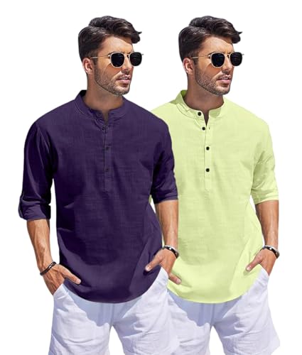 Image of Men's Cotton Blend Straight Kurta Shirt Combo with Mandarin Collar - Slim Fit Casual Short Kurti Set Featuring Textured Slub Fabric and Roll-Up Full Sleeves