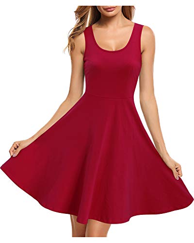 STYLEWORD Women's Sleeveless Casual Cotton Dresses Summer Fit and Flare Midi Dress(Wine,M)