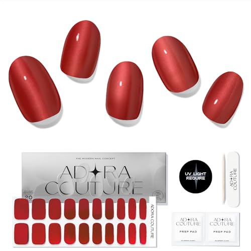 Adora Couture Semi Cured Gel Nail Strips with 20 Pieces, Salon Quality Wraps for Women, Red Chrome UV Gel Stickers, UV Light Required, Fearless