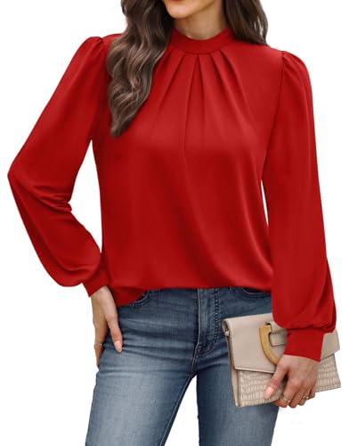 Image of WIHOLL Long Sleeve Shirts for Women Mock Neck Tops Pleated Front Blouses Dressy Casual Spring Fall Clothes 2026 Fashion