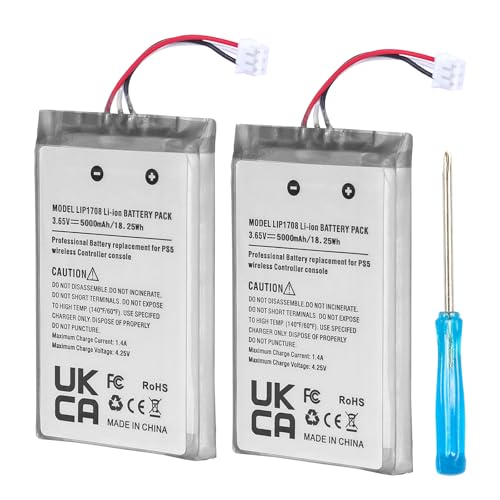 Bateria de substituição para controlador PS5, YISHDA 5000 mAh LIP1708 para Sony PS5 Playstation 5 DualSense CFI-ZCT1W (2 unidades)