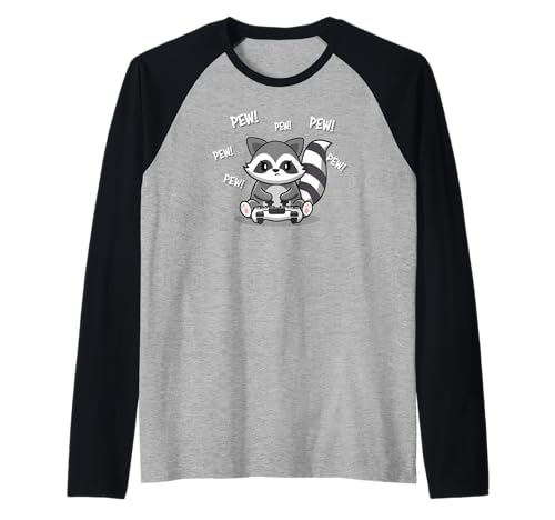Funny Kawaii Boys Pew Kids Video Gamer Raccoon Lover Camiseta Manga Raglan