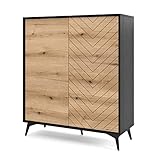 El mueble está fabricado con tablero laminado MDF (acabado roble evoke, negro mate), un material resistente al desgaste mecánico e humedad. Las patas están hechas de metal en acabado negro mate.