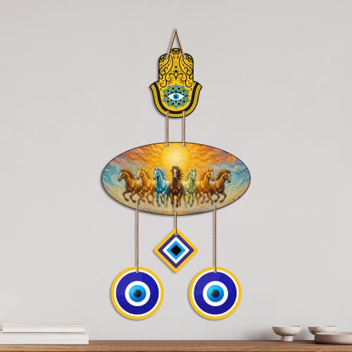 Image of Artvibes Premium Seven Running Horses Evil Eye Wall Decor for Home Entrance | Lucky Vastu Wall Hanging for Success Prosperity Wealth and Positive Energy | Living Room | Office | Gift Item (WH 85133N)