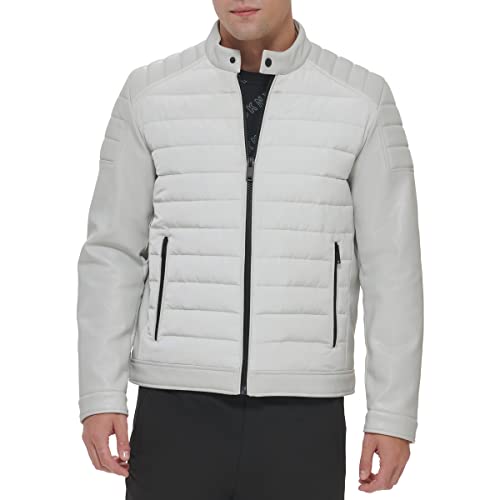 Image of DKNY Men's Mixed Media Faux Leather Puffer Motocross Racer Jacket