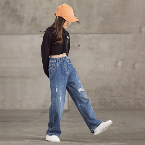 Girl's Asymmetrical Ripped Jeans Y2K Streetwear Elastic Waisted Wide Leg Straight Denim Pants with Pockets 2025 Trendy3