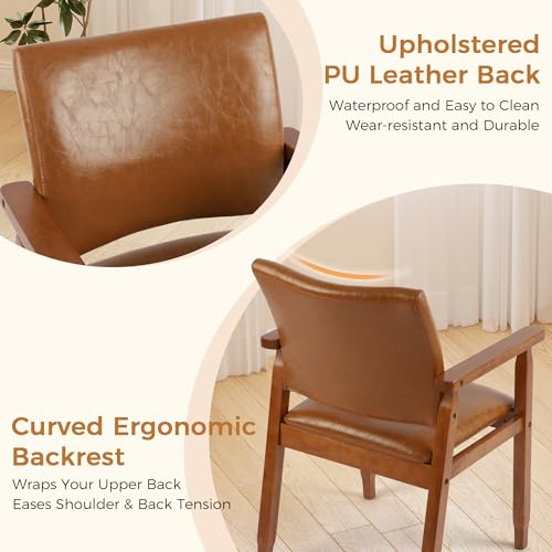 Image of NOBPEINT Mid-Century Modern Dining Chairs with Armrest Set of 4, PU Leather Upholstered Dining Room Chairs with Solid Wood Frame, Walnut Kitchen Armchairs for Kitchen Living Room Restaurant, Brown