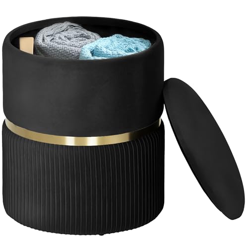 HOMCOM Round Storage Stool, Velvet-feel Fabric Upholstered Vanity Stool with Removable Top, Padded Seat and Hidden Space for Living Room, Bedroom, Black