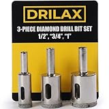 Drilax Diamond Drill Bit Set for Tile Glass Porcelain Stone, 3 Pc 1/2 3/4 1 Inch Hole Saw Kit, Fast Clean Cuts in Granite Quartz, 1-1/8 Inch Depth, Wet Drilling