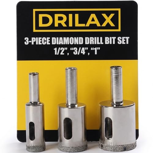 Drilax Diamond Drill Bit Set for Tile Glass Porcelain Stone, 3 Pc 1/2 3/4 1 Inch Hole Saw Kit, Fast Clean Cuts in Granite Quartz, 1-1/8 Inch Depth, Wet Drilling