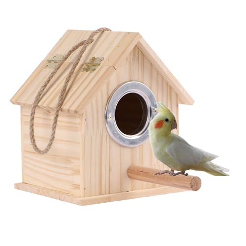 Image of Parakeet Nesting Box Parrot Wooden House Bird Breeding Nest Warm Mating Box | With Stand Perch, Parrotlets Aviary Cage Budgie Mating Box for Lovebirds, Cockatiel, Budgie, and Small Birds