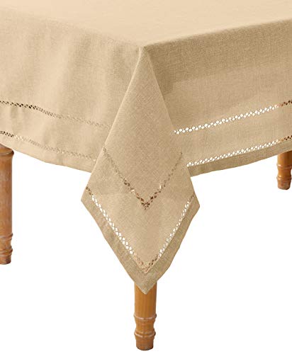 Violet Linen Hem Stitch Embroidered Vintage Design Tablecloth Oatmeal 68" by 108" Oblong/Rectangle