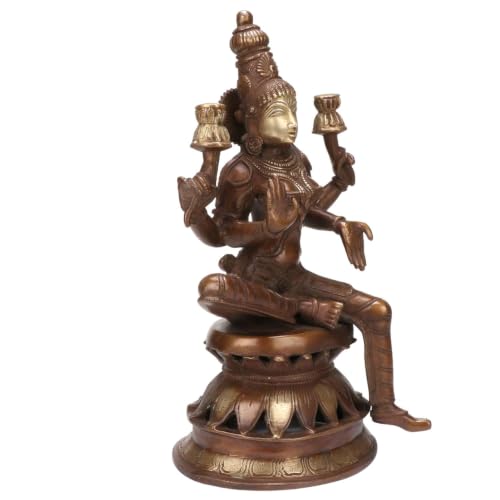 Image of Kartique Brass Lakshmi Idol on Lotus, 12 Inch for Home Temple (Bronze) | Handmade