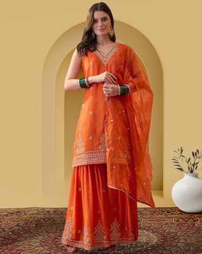 Image of Amazon Brand - Tavasya Women Silk Blend Zari Sequin EmbroideKurta with Sharara and Dupatta Set|Ethnic Wear (PHSKS1737 VBT 2XL)