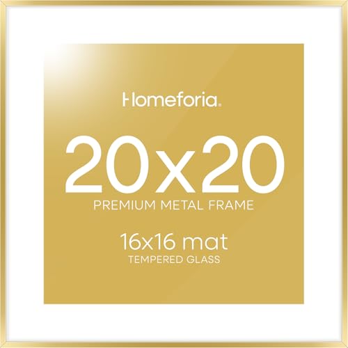 Homeforia 20x20 Picture Frame Gold, High End Metal 20 x 20 Square Poster Frame with Mat 16 x 16 Photo, 20x20 Frame Matted to 16x16 Print, 20by20 Gold Hanging Frames, Tempered Glass, Wall Kit, Set of 1