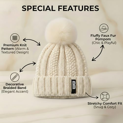 Image of Kraptick Women's Winter Cap - Knit Beanie with Soft Fleece Lining Hat, Stylish Pom Pom Thick Woollen Skull Cap, Warm Hat for Ladies & Girls -3