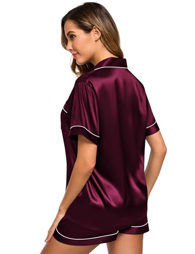 Image of SWOMOG Womens Silk Satin Pajamas Set Short Sleeve Sleepwear Button Down Top and Shorts Loungewear 2 Piece Pjs Set XS-3XL
