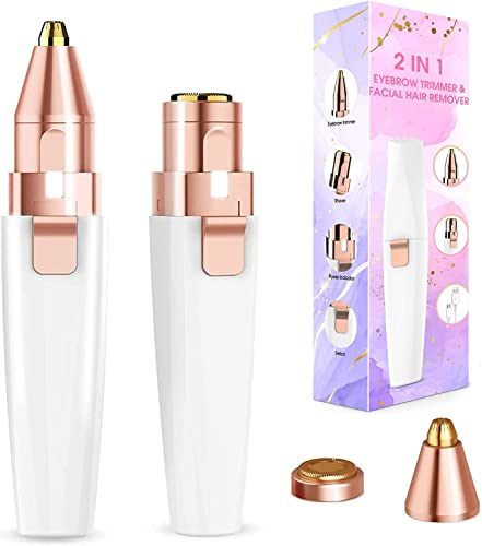 Vueix Facial Hair Remover for Women & Eyebrow Trimmer, 2 in 1 Rechargeable Painless Hair Remover with LED Light - Electric Face Razor for Women