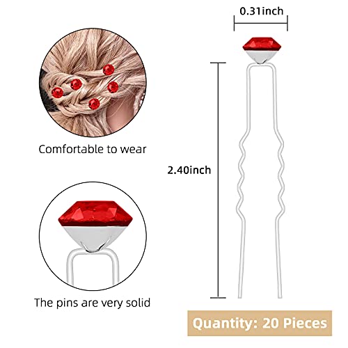 Qiutimiy 20 Pack (Red)Rhinestone Hair Pins Crystal Hair Clips For Bridal Wedding Women Hair Jewelry Accessories, With Clear Container #TOP1