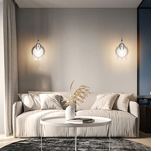 Image of Chrome Sconces Wall Lighting, Wall Sconces Set of 2, Modern Bathroom Vanity Light Fixtures, Farmhouse Metal Wall Lamp with Clear Glass Shade, Wall Mount Lights for Mirror Bedroom Hallway