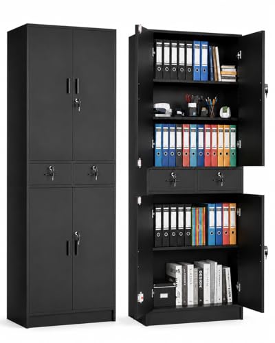 Amveya Archivador de 200 cm de Alto Armario Multiusos con 4 Puertas 2 Cajones 3 Estantes Ajustables Armario de Almacenaje con Cerradura para Casa Oficina y Garaje Negro 78 x 40 x 200 cm