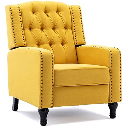 Vicluke Tufted Pushback Recliner Chair, Modern Linen Accent Chair with Rivet Decoration, Mid-Century Armchair Single Reclining Sofa with Solid Wood Legs, Padded Seat for Living Room, Bedroom (Yellow) Cover