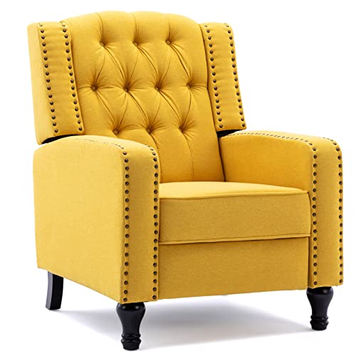 Vicluke Tufted Pushback Recliner Chair, Modern Linen Accent Chair With Rivet Decoration, Mid-Century Armchair Single Reclining Sofa With Solid Wood Legs, Padded Seat For Living Room, Bedroom (Yellow) #TOP21