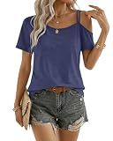 PLMOKEN Camiseta Hombros Descubiertos Mujer Verano Manga Corta Top de Hombro Asimétrico Casual Túnica Azul Marino L