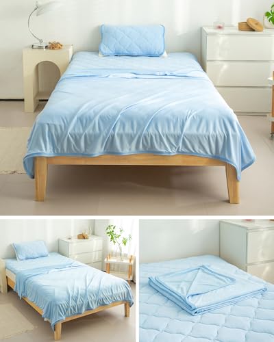 【Q-max0.5】冷感 タオルケット夏用 シングル ダブル セミダブル リバーシブル 接触冷感 柔らかい肌触り サラサラ 涼しい キルトケット 両面冷感 タオル地 抗菌防臭 吸水速乾 洗える （ ブルー ・ 180cm ） [3]
