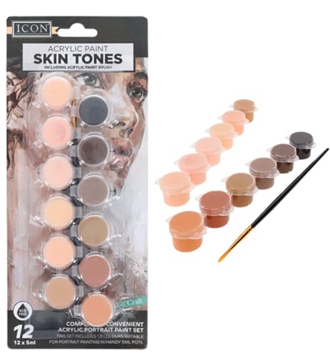 genXon Acrylic Paint Pots with Painting Brush, Skin Tone Shades, Artist 12 Handy Portrait Painting pots 5ml, Arts & Crafts, Pack of 12