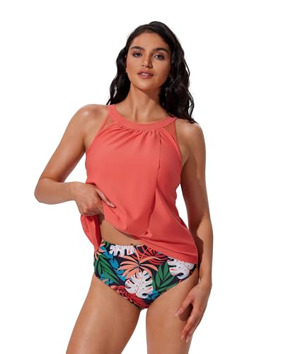 Image of SUUKSESS Women Tummy Control Tankini Bathing Suit Ruffle High Waisted Swimsuit