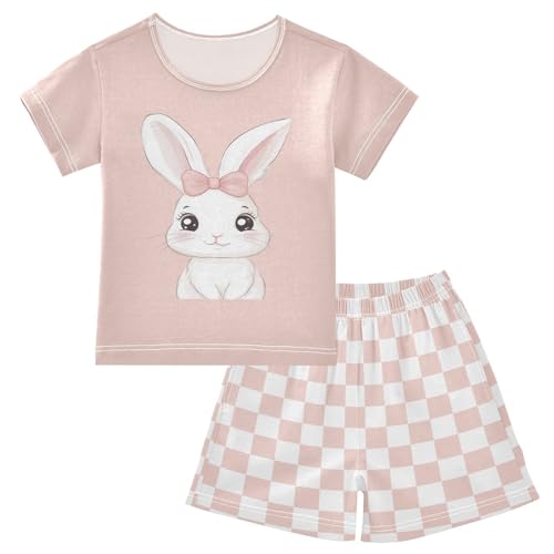 Checkerboard Plaid Bow Adorned Bunny Pajama Set Short Sleeve PJS 2 Piece Summer Pajamas Shorts Sets Cotton 5Y
