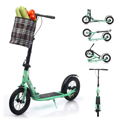 ZQHQKJ Adult Scooter for XXL Big Wheels, Folding Commuter Kick Scooter for Adults & Teens, Adjustable Heigh, Lightweight Sports Commuter Scooter for Kids Tenns Adults, 4 Adjustable Levels.,Green