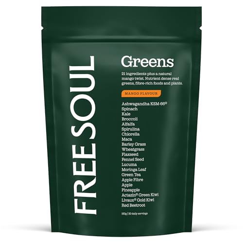 Free Soul Greens | 21 Advanced Greens Superfoods and Adaptogens Including KSM-66 Ashwagandha Vegan & Gluten-Free Advanced Natural Formula | UK Made | 30 Servings | Mango Flavour
