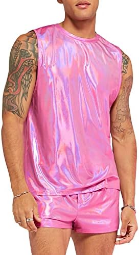 WDIRARA Men’s 2 Piece Outfit Metallic Round Neck Sleeveless Tank Top and Drawstring Pocket Shorts
