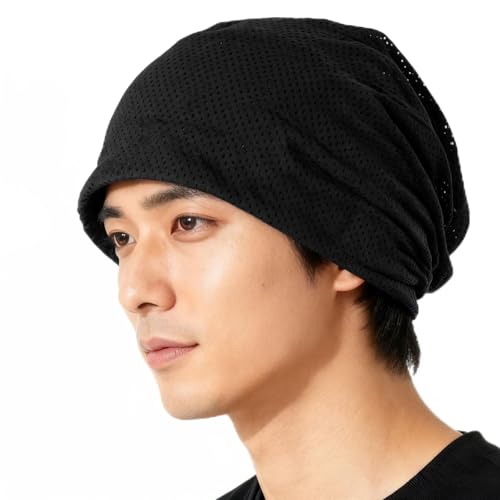 [shefun] サマーニット帽 メンズ 春 夏 秋 初冬 【2層構造/吸汗速乾/薄手】 ニット帽 メッシュ 通気性 蒸れない ストレッチ 頭囲54-60cm 柔らかい 冷感 スポーツ ビーニー JP507 (黒) - shefun - 商品画像