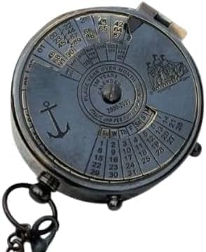 Brass Nautical Calendar Compass – Vintage Style Pocket Sundial and Ship Engraving – Classic Maritime Collectible with Leather Case