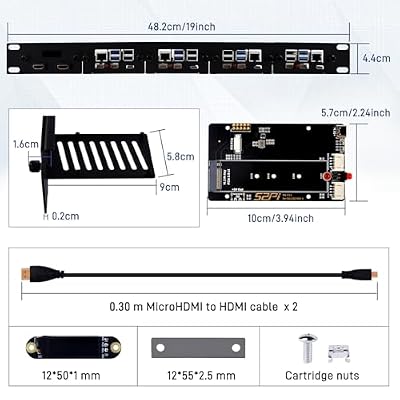 GeeekPi 19 inch 1U Rack Mount for Raspberry Pi 5, with 4PCS PCIe to M.2 NVMe SSD Adapters and OLED Display, Compatible with 19 Inch Server Rack